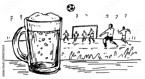 Beer glass in foreground with soccer players during a match in background in hand drawn sketchy style