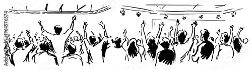Crowd of people raising hands during a concert or sports event in hand drawn sketchy style