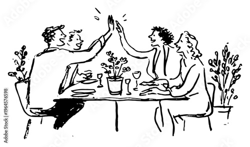Friends giving a high five while sitting at a restaurant table in hand drawn sketchy style