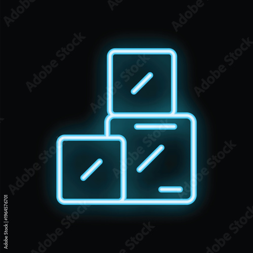 Blue neon icon of three parcel boxes stacked on top of each other glowing on black background
