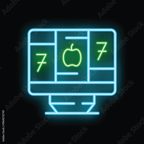 Glowing neon icon of a computer screen displaying a healthy food blog, featuring an apple and the number 7, perfect for representing healthy eating content