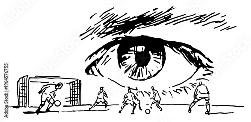 Soccer players and a goal integrated with a large human eye in surreal sketch style