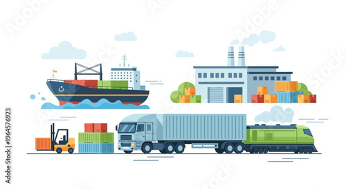 Global Logistics and Supply Chain Network Illustration: Multimodal Freight Transportation with Ship, Truck, Train, Factory, and Forklift