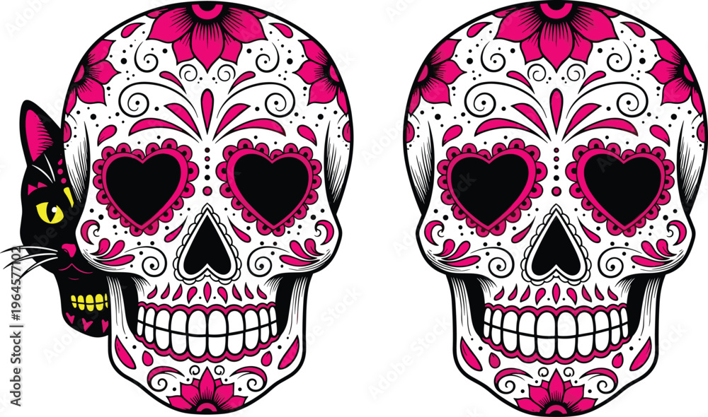 Obraz premium Sugar Skull with Floral Ornament and Black Cat Day of the Dead Decorative Skull Vector Illustration for Dia de los Muertos Design