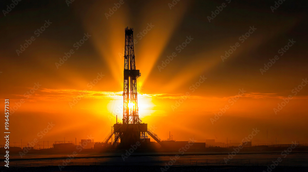 Obraz premium Oil drilling rig silhouette at sunset in industrial energy field