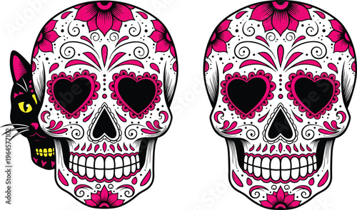 Sugar Skull with Floral Ornament and Black Cat Day of the Dead Decorative Skull Vector Illustration for Dia de los Muertos Design