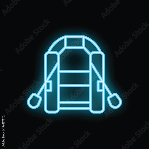 Blue neon sign of an inflatable rafting boat with oars for river rafting is glowing on a black background