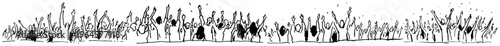 Crowd of people cheering with hands raised at sports event panoramic sketch