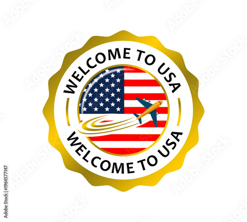 Welcome to USA Gold Seal Badge – American Flag Travel Stamp Label Icon