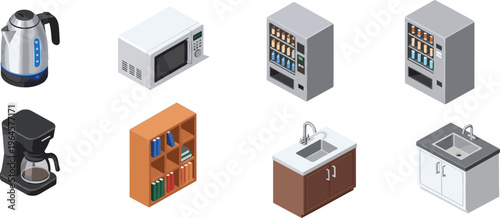Modern kitchen appliances and furniture set illustration with kettle, microwave, coffee maker, vending machines, sink cabinets, and storage bookshelf design