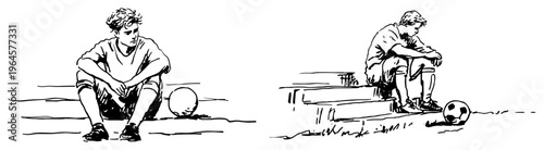 Sad boy football player sitting alone with ball after losing game ink sketch style
