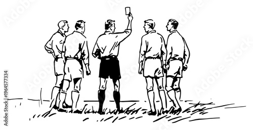 Soccer referee showing yellow card to football player during match ink drawing style