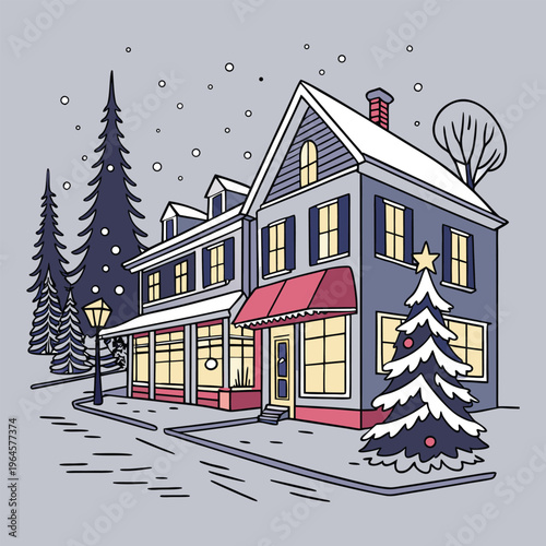 A cozy Christmas town street glows with twinkling lights, snow-dusted rooftops, and festive shop windows. Warm laughter fills the air as people stroll beneath sparkling decorations. 