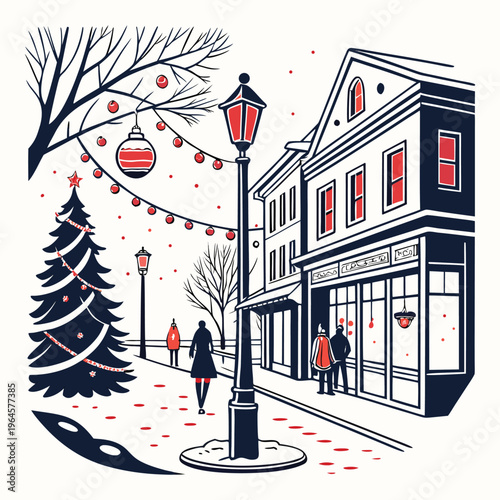 A cozy Christmas town street glows with twinkling lights, snow-dusted rooftops, and festive shop windows. Warm laughter fills the air as people stroll beneath sparkling decorations. 