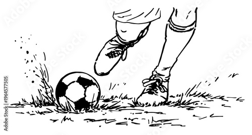 Footballer kicking a soccer ball on a grass field with grass splattering in minimalist hand drawn outline style