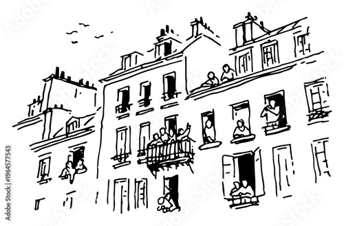People watching from balconies and windows of a traditional European apartment building in black and white sketch style