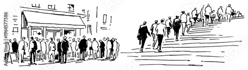 people standing in a long line and walking on city sidewalk in hand drawn sketchy style