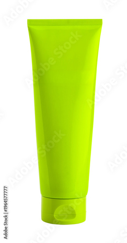 A light green cosmetic tube with a flap closure at the bottom on a white background