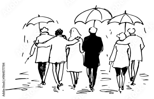 people walking with umbrellas on a rainy day in hand drawn sketchy style