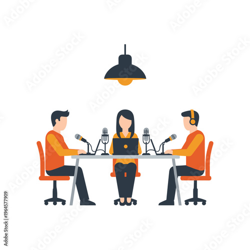 Podcast radio host recording in studio flat illustration vector image design template.