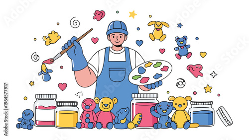 Teddy Bear Artisan: An artisan meticulously paints a whimsical teddy bear, surrounded by vibrant jars of paint and playful stuffed animals.