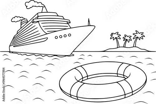 Line cruise ship sailing near tropical island with life preserver white background