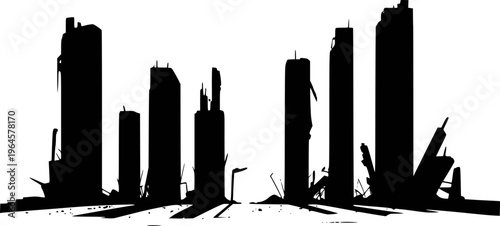 Silhouette of destroyed city skyline with broken buildings and debris white background