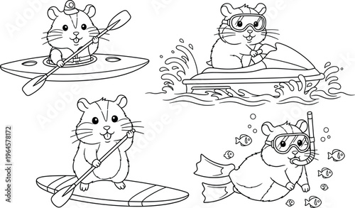 Cute hamster Christmas holiday set with snowman, decorating tree, baking cookies, gift wrapping, and caroling cartoon illustrations