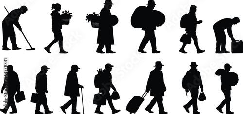 Black silhouettes set of diverse people walking with luggage shopping bags and tools isolated on white background for travel and lifestyle designs
