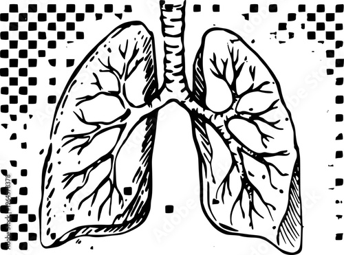 Stylized black and white of human lungs with branching bronchi and checkerboard border