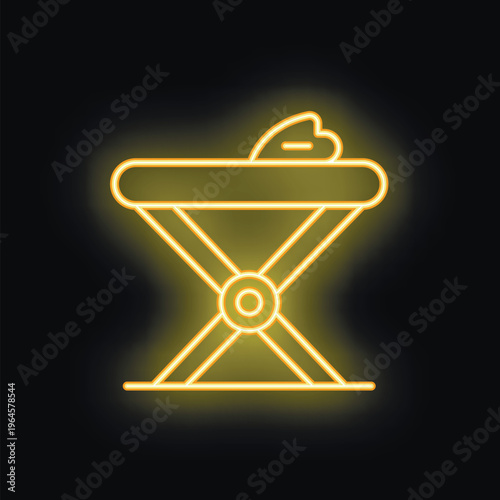 Glowing neon icon of ironing board with iron on it