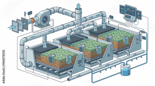 Industrial hydroponic system with pipes and pumps.