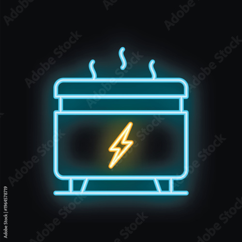 Neon sign of an overheated electrical generator emitting steam, a visual representation of energy consumption and potential hazards