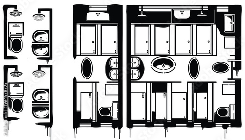 Public Restroom Layout Top View Set with Toilet, Sink, Shower and Bathroom Floor Plan Vector Illustration for Architecture and Interior Design