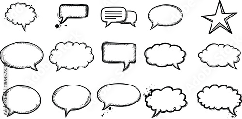 A collection of 16 hand drawn speech bubbles and conversation icons in various shapes and styles for comic books or dialogue