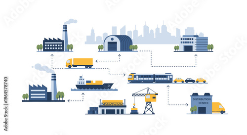 Global Supply Chain Logistics Network Illustration: Manufacturing, Warehousing, and Multi-Modal Transportation Flow to Distribution Centers