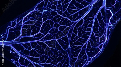 A close-up view of a leaf's intricate network of veins glowing blue against a dark background