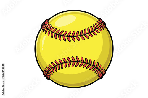 A vibrant cartoon style illustration of a yellow softball with red stitching ideal for sports graphics and designs on transparent background high-quality.
