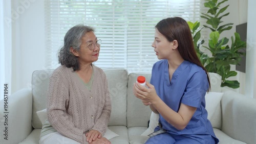 Caregiver elderly care at home with nurse and senior, medicine consultation and support, prescription guidance on dosage and pill use, label in living room, communication builds trust and safety