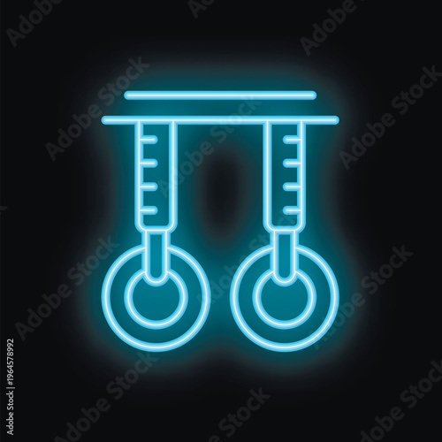 Glowing neon icon of gymnastic rings hanging from a horizontal bar, symbolizing strength training and athleticism