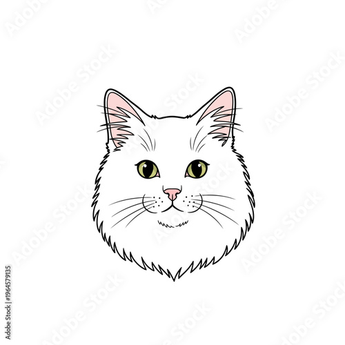 Cute Fluffy White Cat Face Illustration, Long-haired Kitten Portrait Vector
