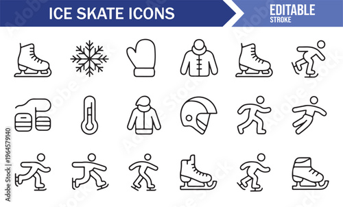Ice skating line icons set with winter sports and rink elements