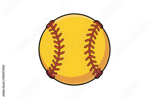 A vibrant cartoon style illustration of a yellow softball with red stitching ideal for sports graphics and designs on transparent background high-quality.