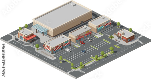 Isometric Illustration of a Modern Shopping Mall Complex Featuring Retail Stores, Parking Lot, and Roads, Isolated on White Background
