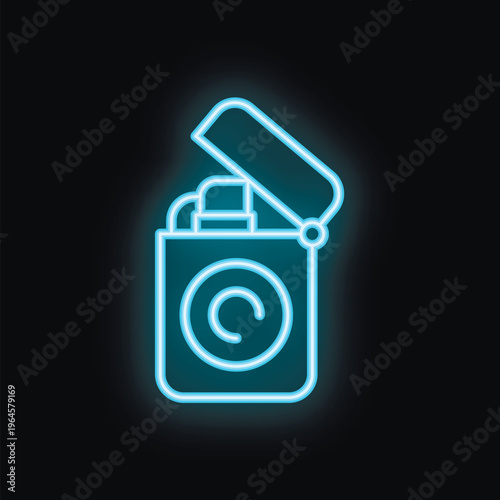 Blue neon sign of a lighter being open on a black background
