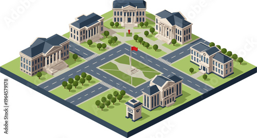 Isometric vector illustration depicting a city block with classic institutional buildings, a central square, roads, and trees.