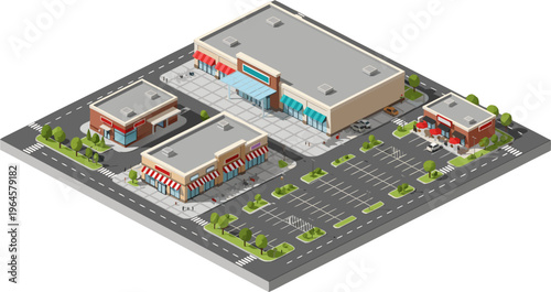 Isometric Vector Illustration of a Retail Shopping Complex with Supermarket, Stores, Parking Lot, and Landscaped Areas on White.
