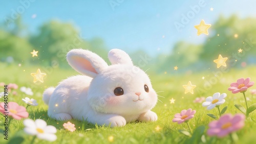 Cute white bunny in a flower field