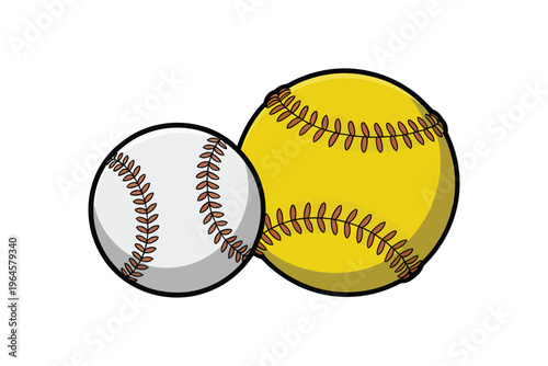 Two cartoon baseballs one white with red stitching and one yellow are closely positioned together on transparent background high-quality professional detailed modern.