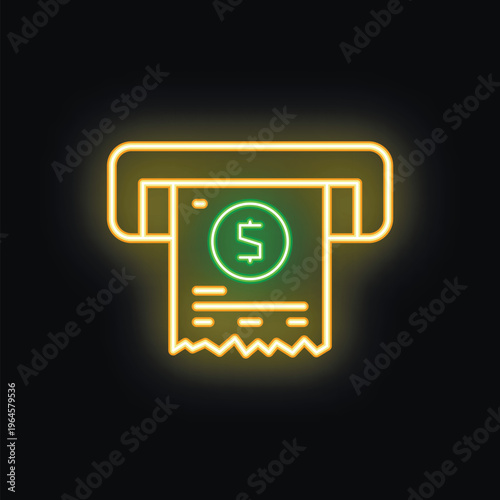 Glowing neon icon of an atm dispensing cash with a bright green dollar sign